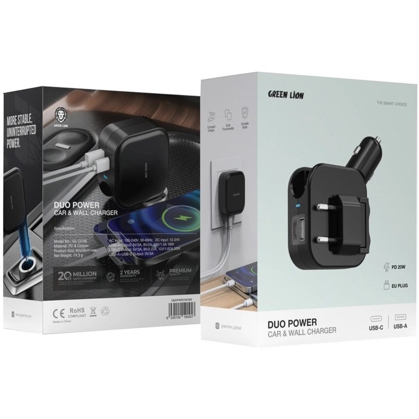 شارژر فندکی Green Lion Duo Power Car & Wall Charger
