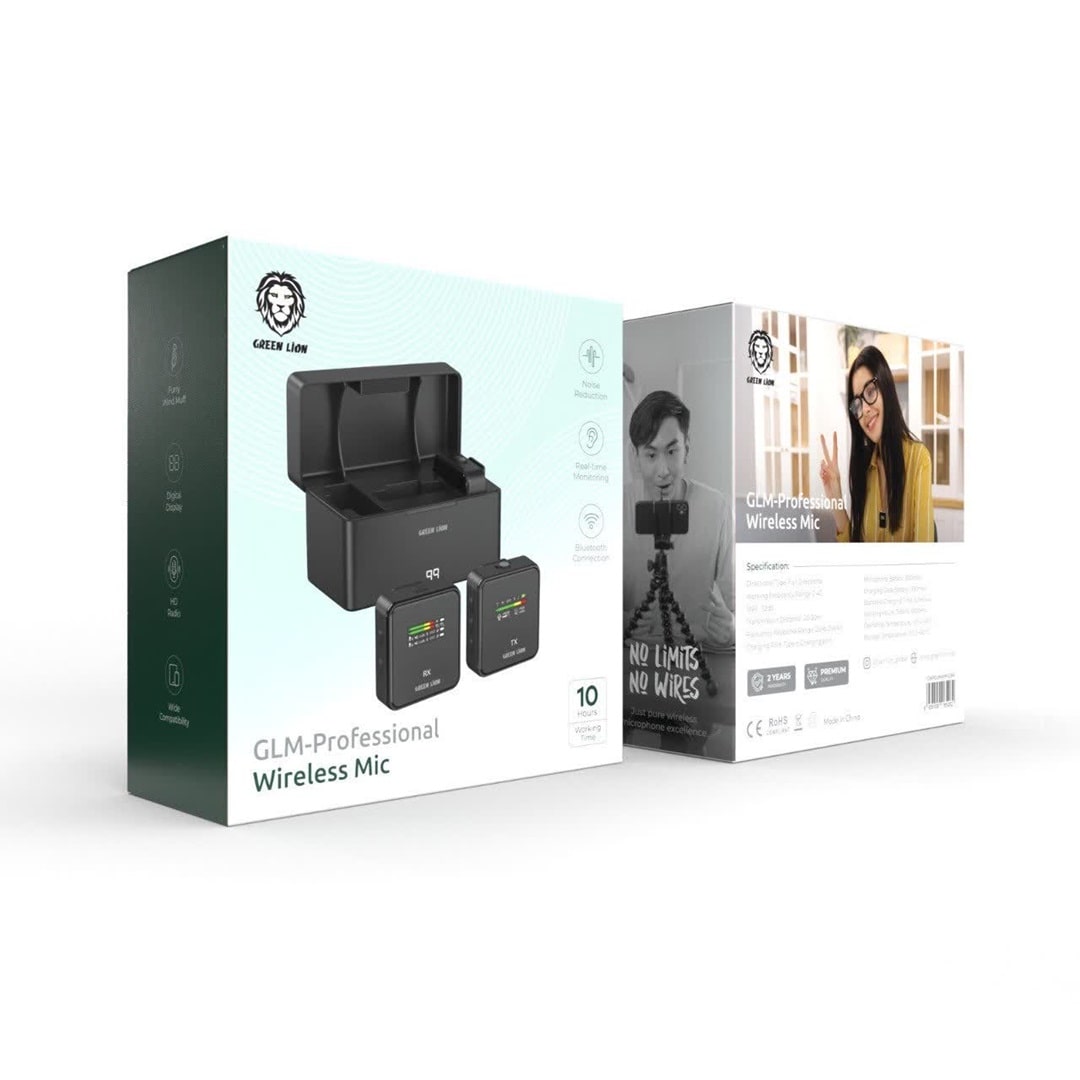 ست میکروفن بیسیم گرین لاین GLM-PROFESSIONAL Wireless Mic | دو میکروفون + گیرنده + حذف نویز + کیس شارژ