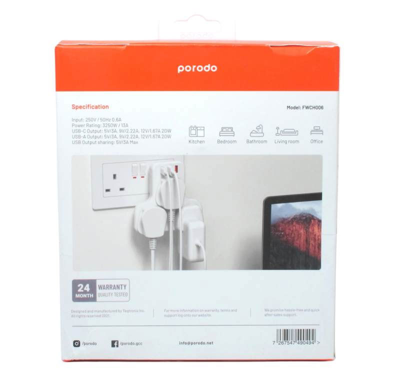 سه راهی PORODO MULTI-PORT WALL SOCKET 20W