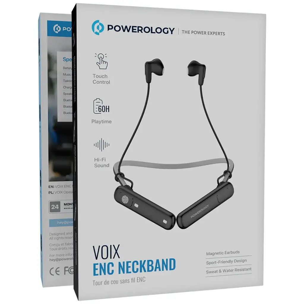 هندزفری بلوتوثی گردنی پاورولوژی Powerology VOIX ENC Neckband | باتری ۶۰ ساعته با نویز کنسلینگ ENC و ضدتعریق
