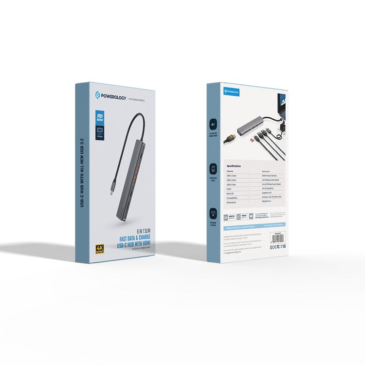 هاب Powerology 6 In 1 Slim 4K HDMI USB-C Hub
