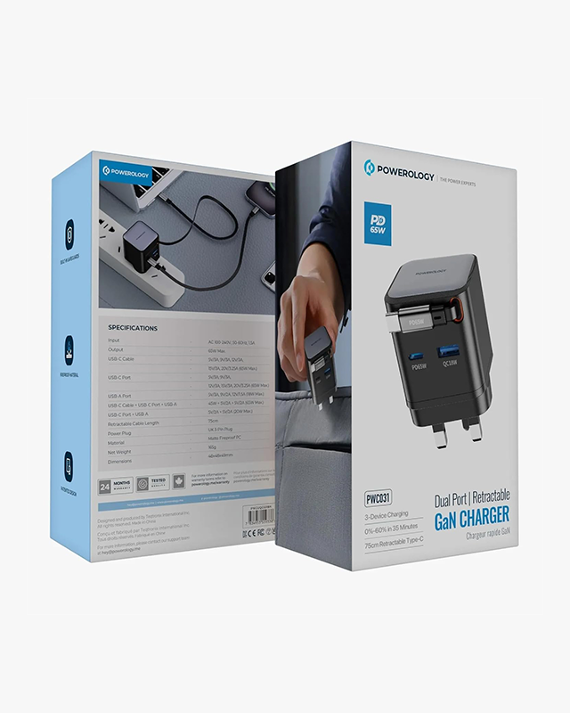 آداپتور POWEROLOGY GAN PD65W DUAL PORT CHARGER