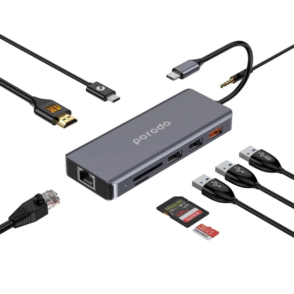 هاب Porodo 9in1 4K HDMI Ethernet USB-C Hub