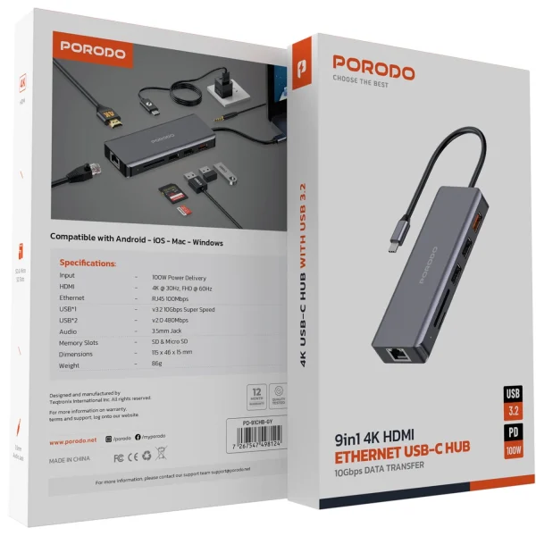 هاب Porodo 9in1 4K HDMI Ethernet USB-C Hub